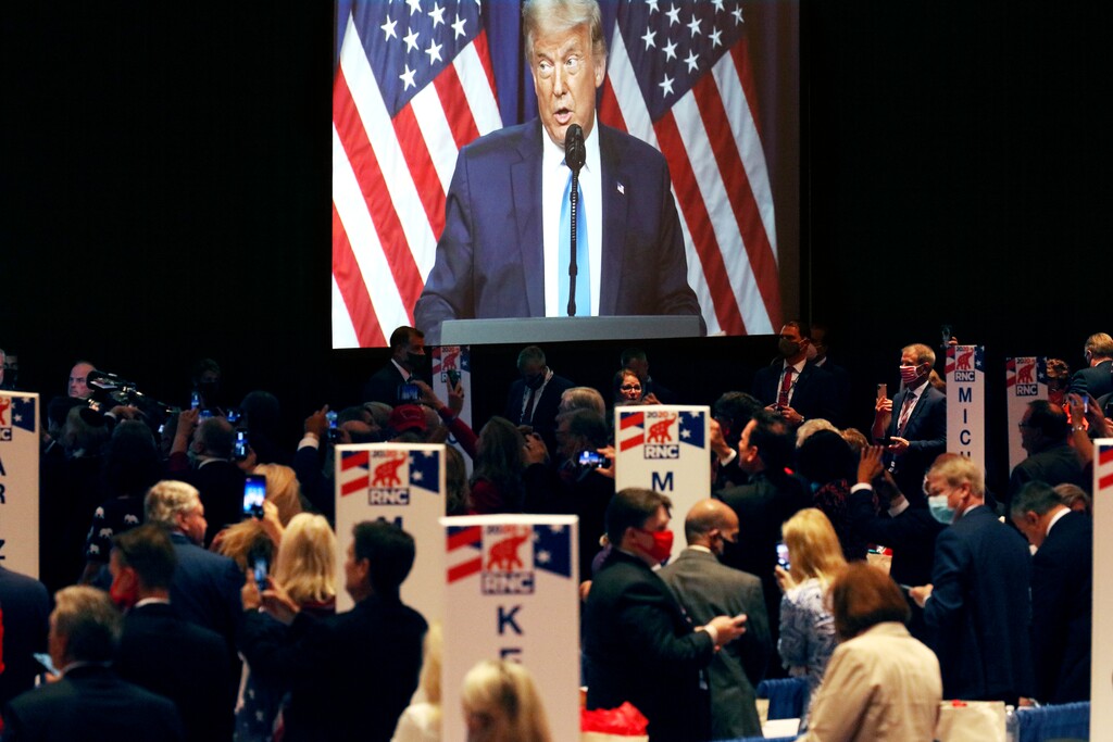 (Travis Dove | The New York Times via AP, Pool) President Donald Trump speaks during the first day of the Republican National Convention Monday, Aug. 24, 2020, in Charlotte, N.C.