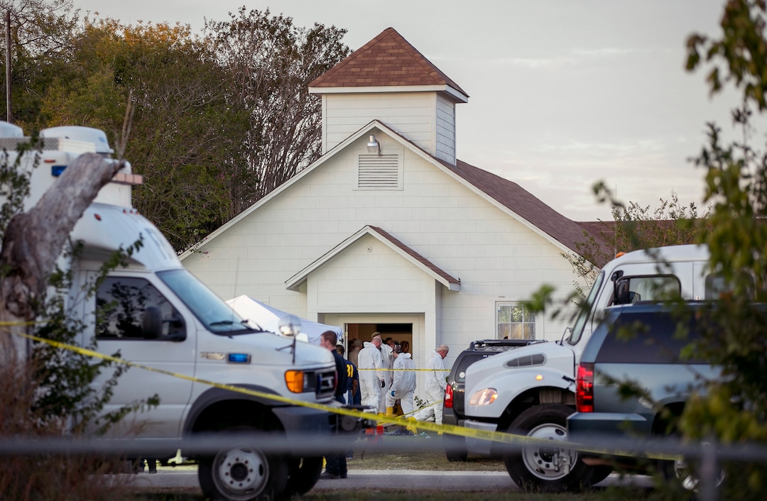 (Jay Janner  |  Austin American-Statesman via AP)  Investigators work at the scene of a mass shooting at the First Baptist Church in Sutherland Springs, Texas, on Sunday Nov. 5, 2017. A man opened fire inside of the church in the small South Texas community on Sunday, killing more than 20 people.
