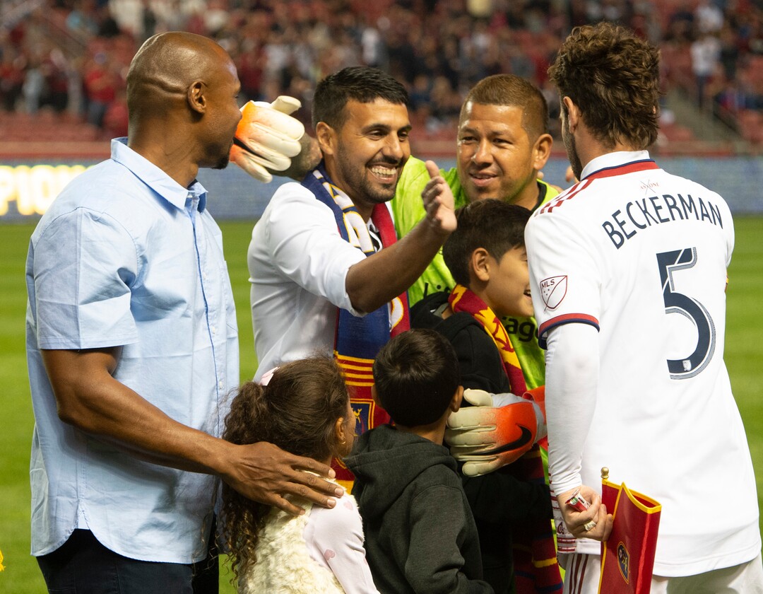 (Rick Egan  |  The Salt Lake Tribune)   Real Salt Lake midfielder Kyle Beckerman (5) and goalkeeper Nick Rimando (18) greet Javier Morales Real and and join the MLS Cup championship team from 10 years ago, before the Real Salt Lake and Los Angeles Galaxy match at Rio Tinto Stadium, Wednesday, Sept. 25, 2019.