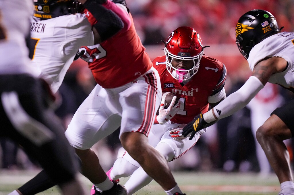 (Bethany Baker  |  The Salt Lake Tribune) Utah Utes running back Wayshawn Parker (1) runs the ball during the game between the Utah Utes and the Arizona State Sun Devils at The University of Utah in Salt Lake City on Saturday, Oct. 11, 2025.