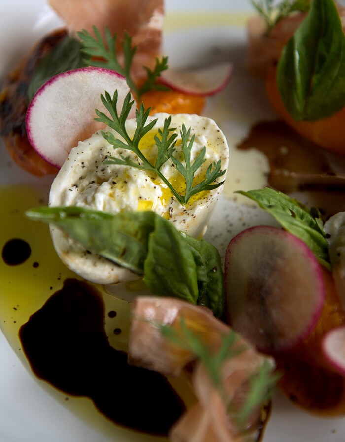 Leah Hogsten  |  The Salt Lake Tribune
Pizza Nono's roasted apricots with burrata basil and prosciutto. Pizza Nono, the new wood-fired pizza "store" in SLC's 9th and 9th neighborhood offers "quality and simple" pizzas, artisan salads and seasonal sides. 

