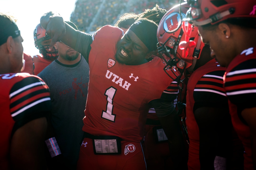 (Chris Detrick  |  The Salt Lake Tribune)  Utah Utes quarterback Tyler Huntley (1) gets frustrated as he talks with teammates during third quarter of the game at Rice-Eccles Stadium Saturday, October 21, 2017.  Arizona State Sun Devils defeated Utah Utes 30-10.