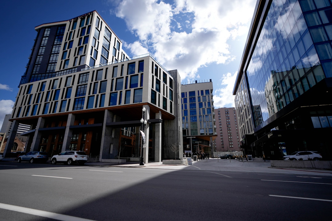 (Francisco Kjolseth | The Salt Lake Tribune) A new residential and hospitality center known West Quarter, located at 100 South and 300 West in Salt Lake City, opened on Wednesday, April 19, 2023. It includes 240 luxury apartments in a tower called The Charles and 272 guest rooms spread over two hotels, Le Meridien and Element, along with several restaurants and soon-to-be opened retail outlets at ground level.
