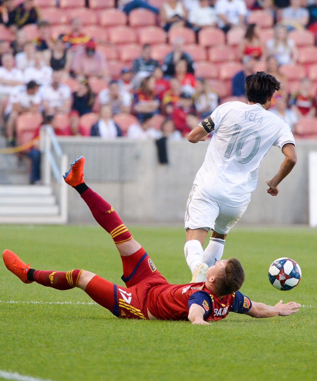 (Leah Hogsten  |  The Salt Lake Tribune) Real Salt Lake forward Corey Baird (17) tries to get the steal on Los Angeles FC forward Carlos Vela (10) as Real Salt Lake hosts Los Angeles Football Club in the fourth round of the Lamar Hunt U.S. Open Cup, June 11, 2019 at Rio Tinto Stadium in Sandy.