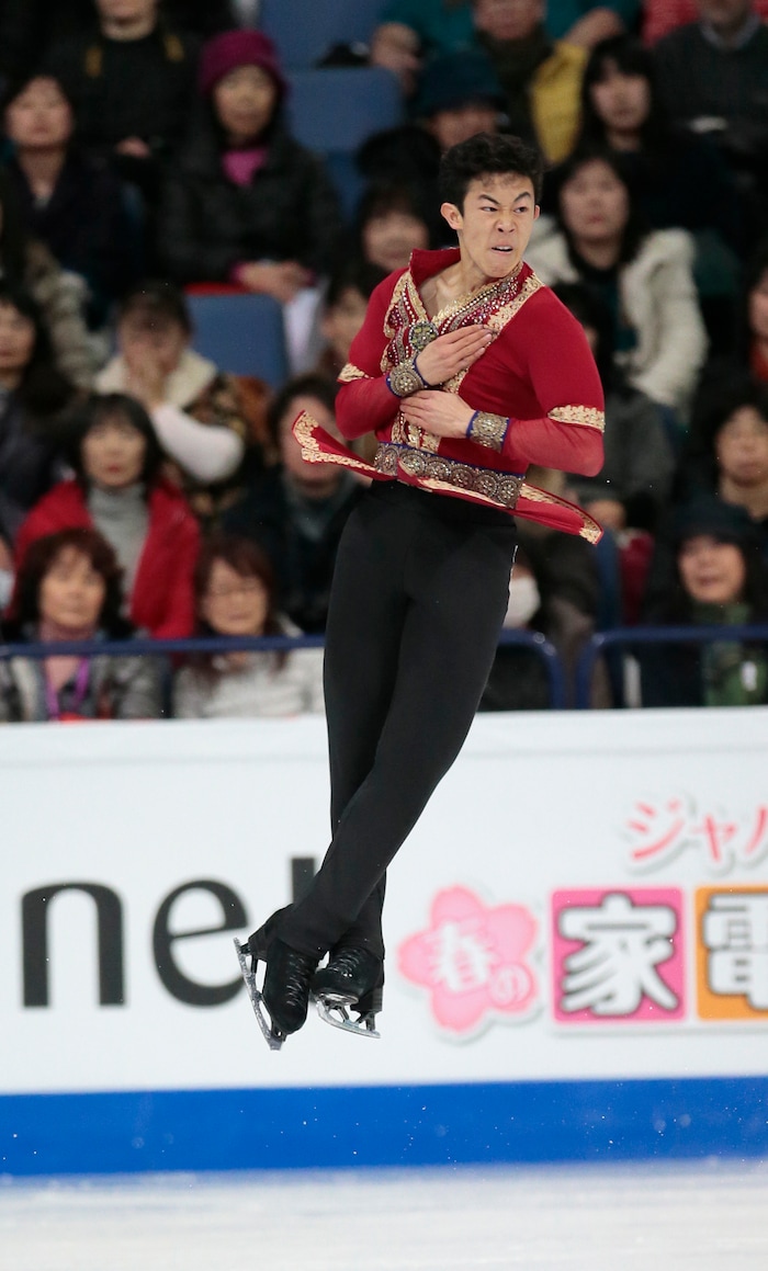 Nathan Chen, of the United States, skates his free program at the World figure skating championships in Helsinki, Finland, on Saturday, April 1, 2017. (AP Photo/Ivan Sekretarev)