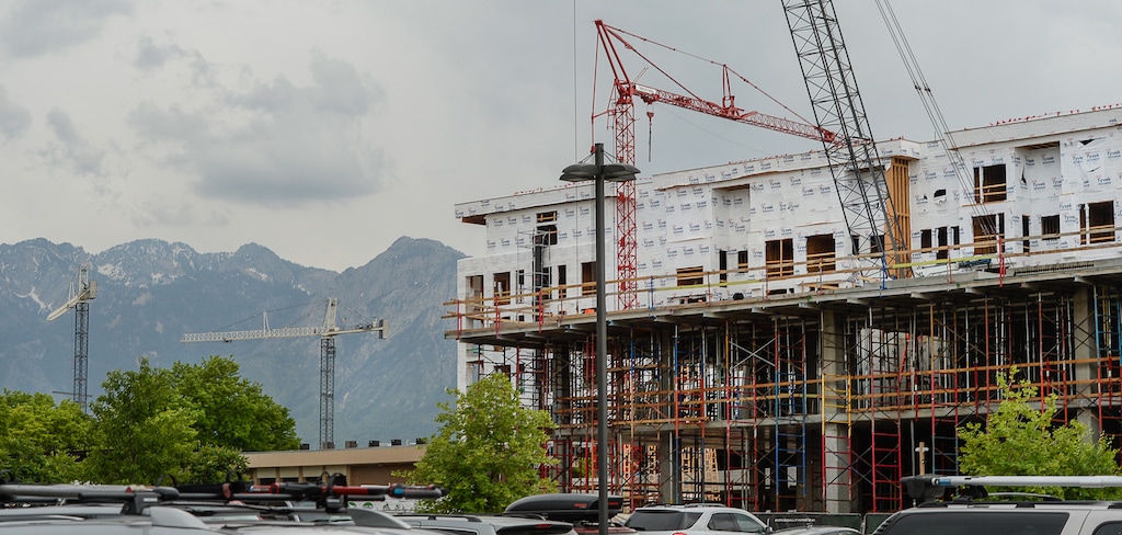(Francisco Kjolseth  |  The Salt Lake Tribune)  Construction at the former Granite Furniture in Sugar House continues at a quick pace as the new Sugarmont Apartments takes shape on Tuesday, May 22, 2018. New Census data shows that Salt Lake City has surpassed 200,000 residents, and again is the state's fastest-growing city by numbers. It added 5,891 residents between July 1, 2016 and July 1, 2017.