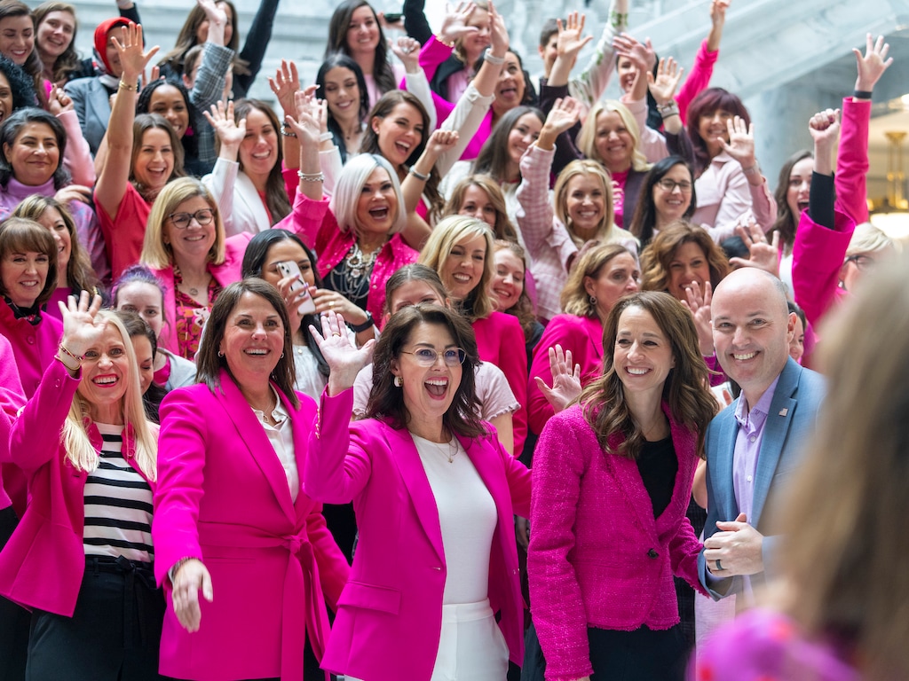 (Leah Hogsten | The Salt Lake Tribune) Lt. Gov. Deidre Henderson, first lady Abby Cox, Gov. Spencer Cox and the Period Project supporters pose for a photo after the announcement that the state will provide free period products in all women's and all-gender bathrooms in Utah's state buildings on March 2, 2023.