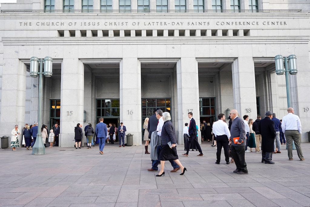 (Chris Samuels | The Salt Lake Tribune) Attendees gather before a session of General Conference in 2025. Most Latter-day Saints who leave the faith don't join another church.