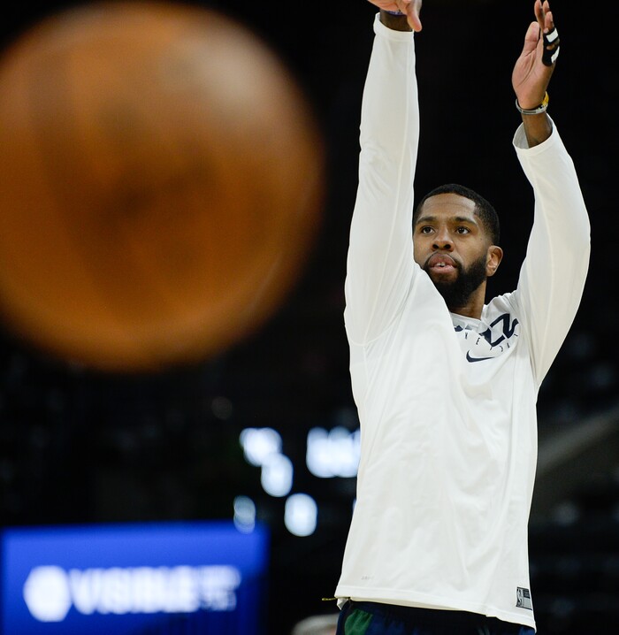 (Francisco Kjolseth  |  The Salt Lake Tribune)  Utah Jazz forward Royce O'Neale (23) warms up before the start of their game against the Oklahoma City Thunder at Vivint Smart Home Arena in Salt Lake City on Mon. Dec. 9, 2019.