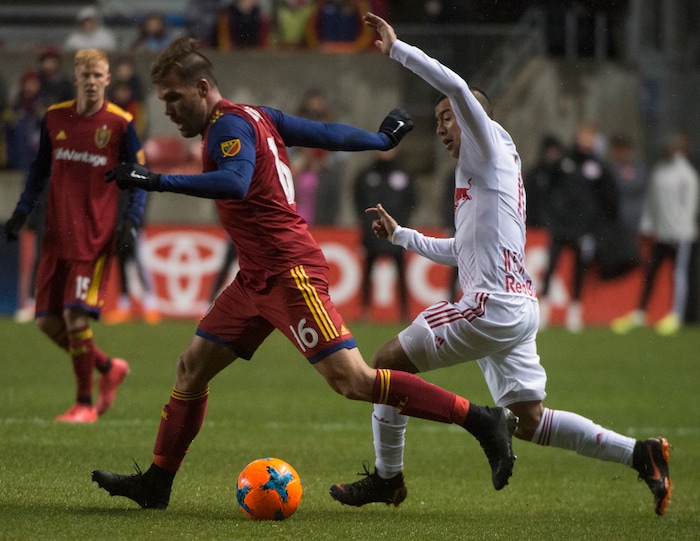 (Rick Egan  |  The Salt Lake Tribune)     Real Salt Lake forward Alfredo Ortuno (16) take the ball down field, in MLS action between Real Salt Lake and New York Red Bulls at Rio Tinto Stadium, Saturday, March 17, 2018.


