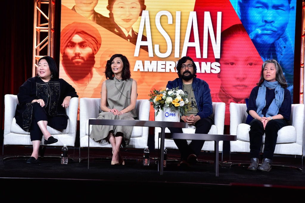 (Photo courtesy of Rahoul Ghose/PBS) “Asian Americans” producer Renee Tajima-Peña, narrator Tamlyn Tomita, contributor Hari Kondabolu and producer/director Grace Lee address members of the Television Critics Association.