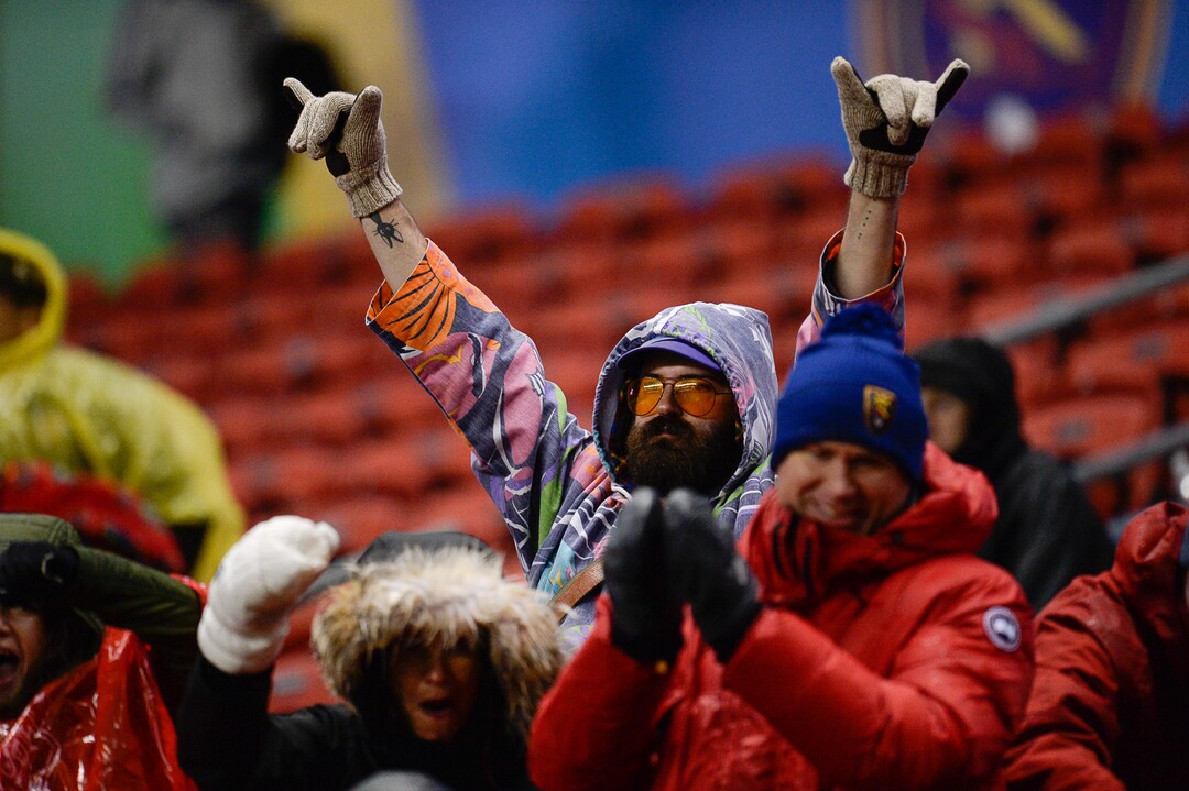 (Francisco Kjolseth  |  The Salt Lake Tribune) Real Salt Lake fans celebrate a 2-1 win over the Portland Timbers  in their first MLS playoff game at Rio Tinto Stadium in Sandy, Utah on Saturday, Oct. 19, 2019.
