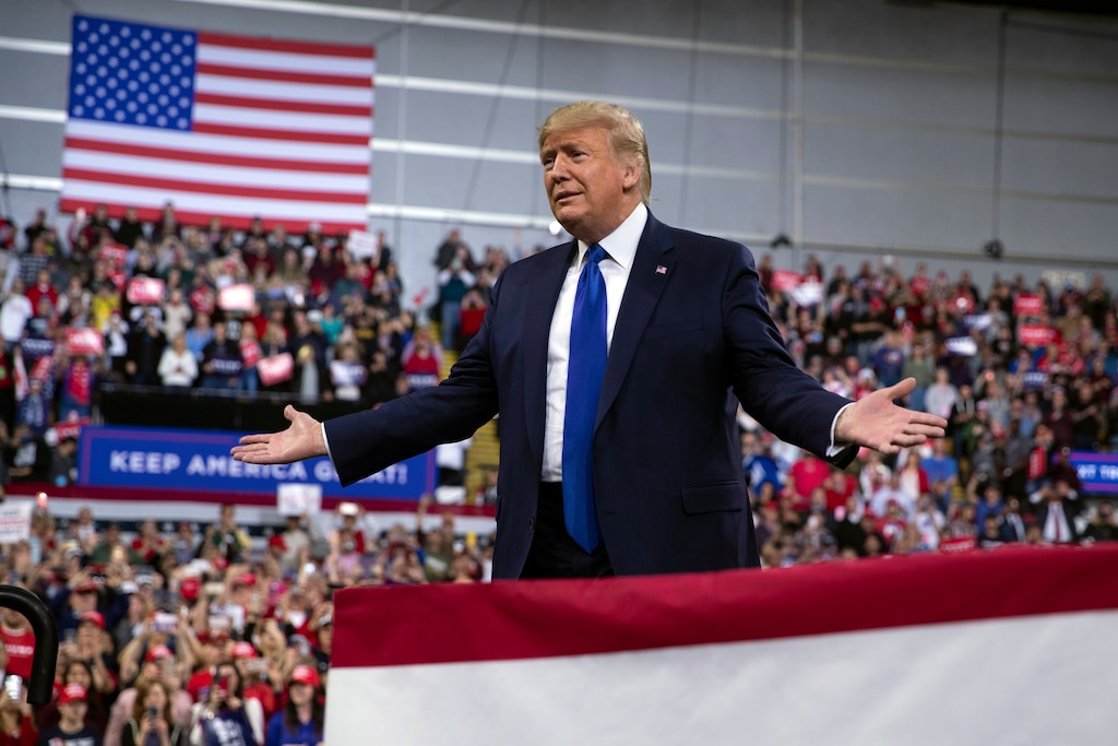 (Evan Vucci | AP) In this Jan. 14, 2020, photo, President Donald Trump arrives at UW-Milwaukee Panther Arena to speak at a campaign rally in Milwaukee. Trump's surrogates are fanning out across the country as part of an aggressive effort to stretch his appeal beyond the base of working-class white voters who propelled him to victory in 2016.