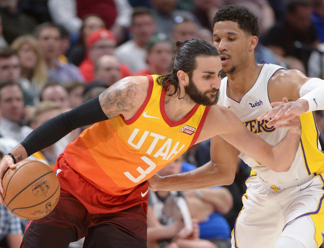 (Leah Hogsten  |  The Salt Lake Tribune)  Utah Jazz guard Ricky Rubio (3) battles Los Angeles Lakers guard Josh Hart (5) to get down the court.  The Utah Jazz defeated the Los Angeles Lakers 117-110 at Vivint Smart Home Arena Tuesday, April 3, 2018