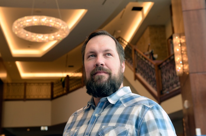 (Al Hartmann | The Salt Lake Tribune)
Kacey Udy, Hale Centre Theatre production designer, stands inside the lobby of the new performing arts center in Sandy. He's working to help stage "Aida," the first show at Sandy's new $80 million theater complex. Udy, who calls himself a farm boy from Snowville, helped design the new theater. The show will open on his 39th birthday.