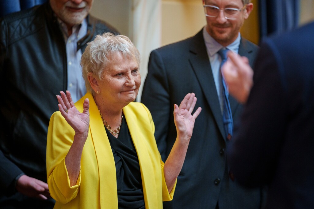 (Trent Nelson  |  The Salt Lake Tribune) Former Sen. Karen Mayne is honored in the Senate chamber in Salt Lake City on Friday, Feb. 3, 2023.