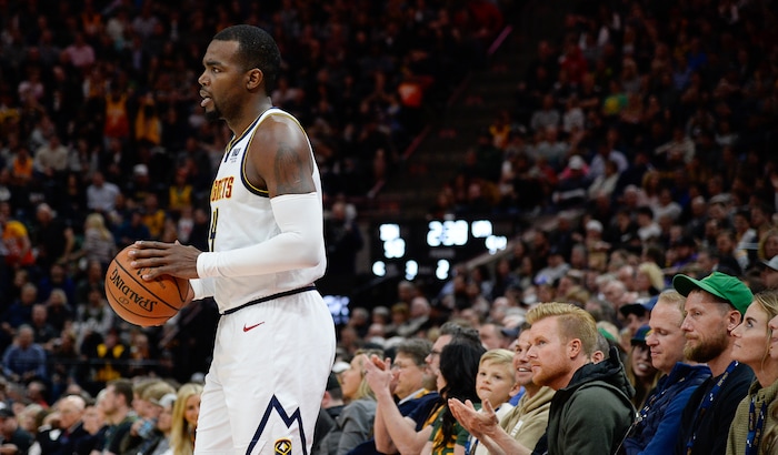 (Francisco Kjolseth  |  The Salt Lake Tribune)  Former Jazz player and now with the Denver Nuggets forward Paul Millsap (4) as the Utah Jazz host the Denver Nuggets in their NBA game at Vivint Smart Home Arena Tuesday, April 9, 2019, in Salt Lake City.