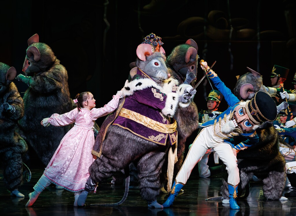 (Ross Richey  |  Ballet West) The Mouse King (Tyler Gum) battles The Nutcracker (Jacob Hancock) in Ballet West's production of "The Nutcracker," which runs at Salt Lake City's Capitol Theatre through Dec. 27, 2025.