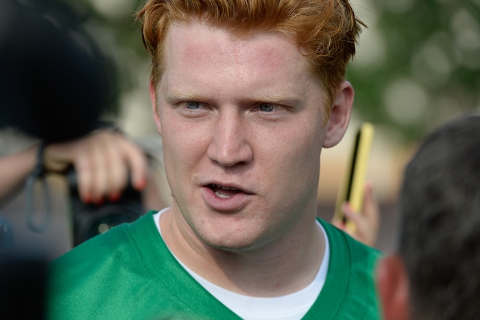(Francisco Kjolseth  |  The Salt Lake Tribune)  BYU quarterback Joe Critchlow speaks with the media following  preseason training camp on their practice field on Thursday, Aug. 2, 2018.