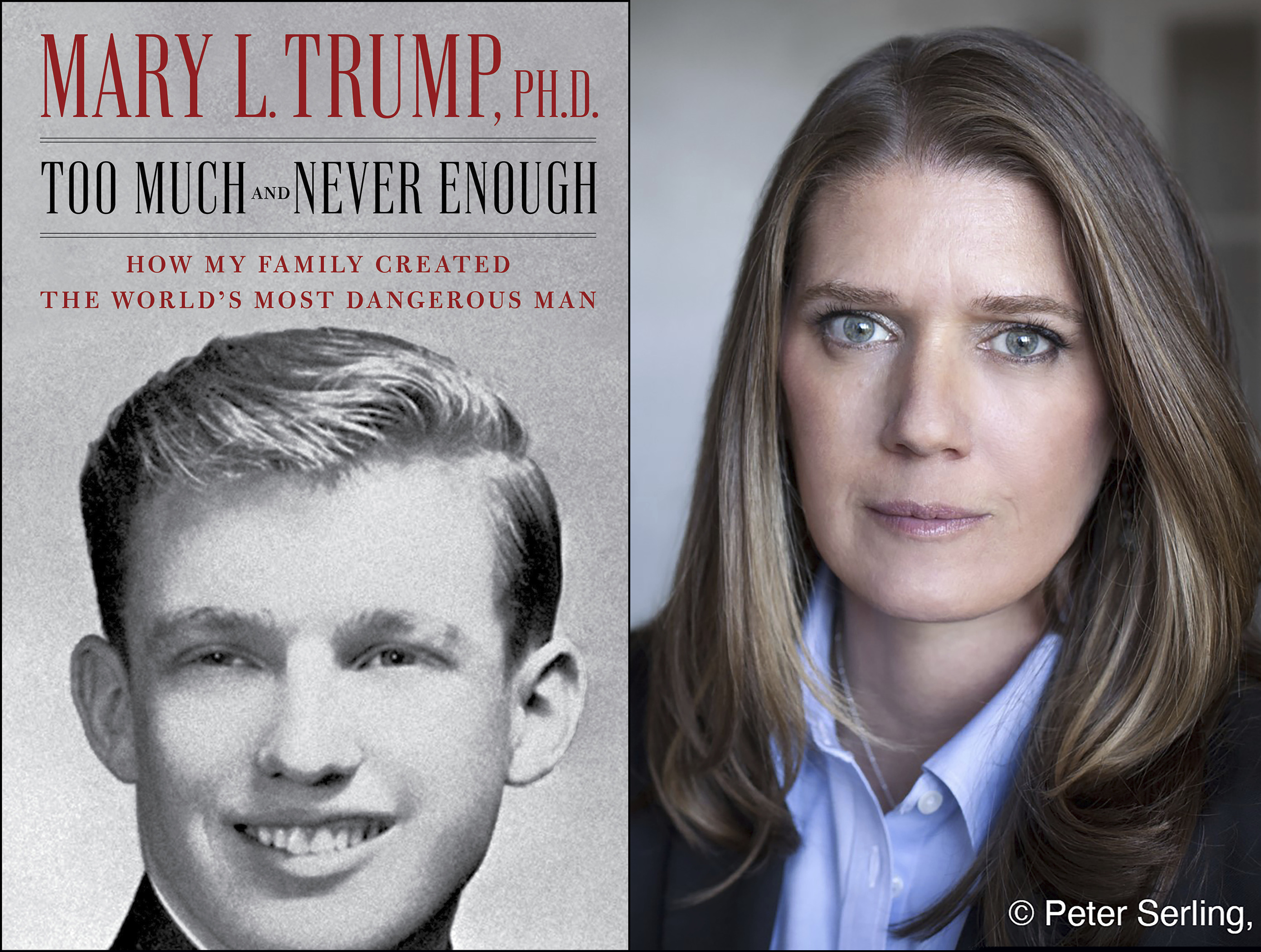 This combination photo shows the cover art for "Too Much and Never Enough: How My Family Created the World’s Most Dangerous Man", left, and a portrait of author Mary L. Trump, Ph.D. The book, written by the niece of President Donald J. Trump, was originally set for release on July 28, but will now arrive on July 14. (Simon & Schuster, left, and Peter Serling/Simon & Schuster via AP)