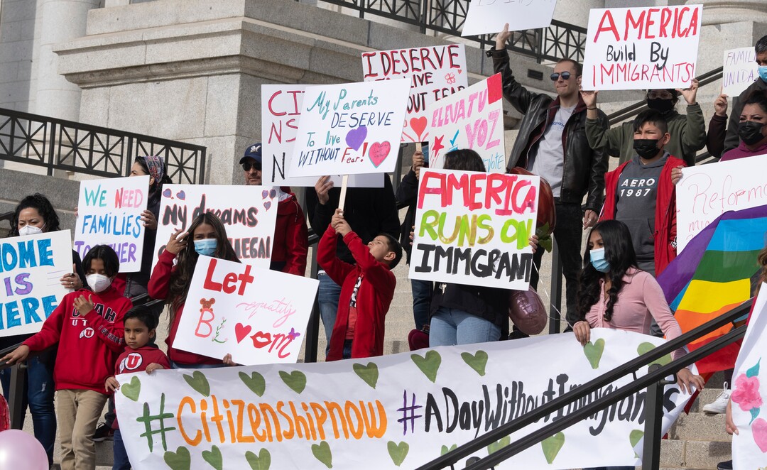 (Rick Egan | The Salt Lake Tribune)  Participants gather on the steps of the Capitol, for the national Day Without Immigrants rally, on Monday, Feb. 14, 2022.