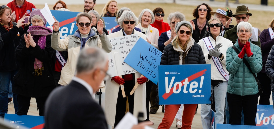 (Leah Hogsten  |  The Salt Lake Tribune)  League of Women Voters of Salt Lake and Utah celebrate as Salt Lake County District Attorney Sim Gill speaks at the rally Friday, Feb. 14, 2020 in celebration of 150 years since Utah women voted, 100 years of the 19th Amendment and the 100th anniversary of League of Women Voters.
