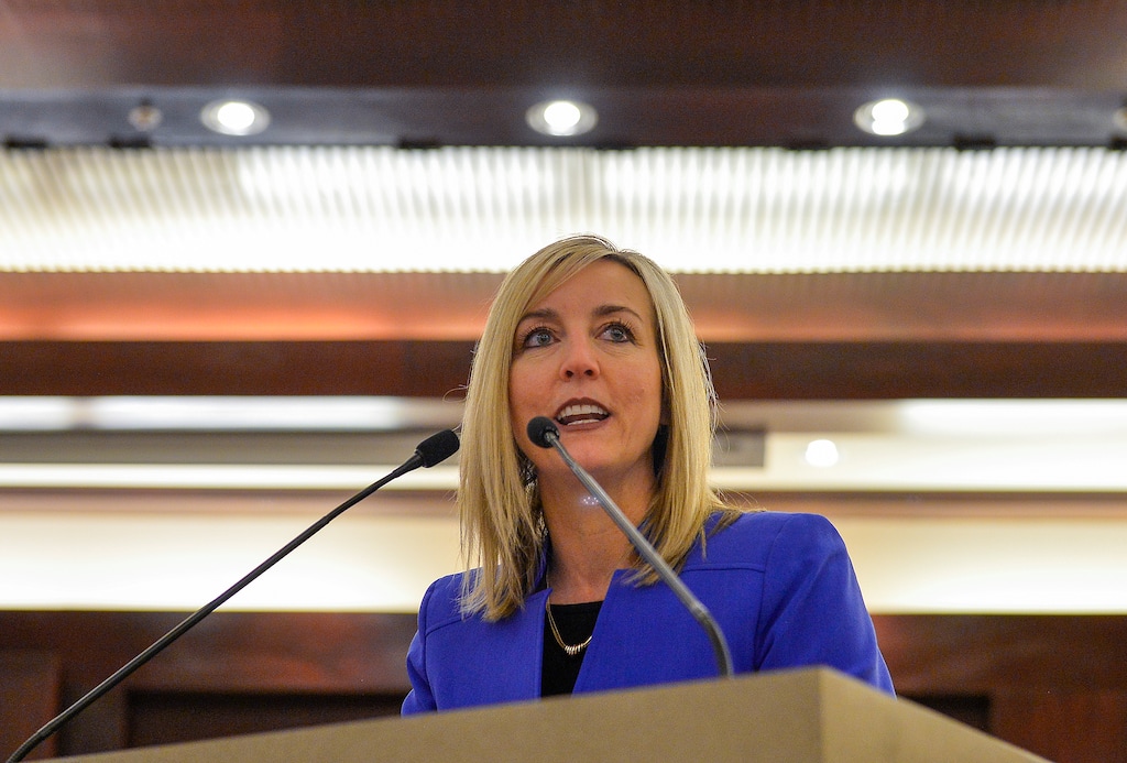 (Chris Samuels | The Salt Lake Tribune) Aimee Winder Newton makes remarks after being sworn in for a third term as Salt Lake County Council member for District 3 at the council chambers in Salt Lake City in 2023. Winder Newton announced Thursday, Jan. 1, 2026, that she will not seek a fourth term. 