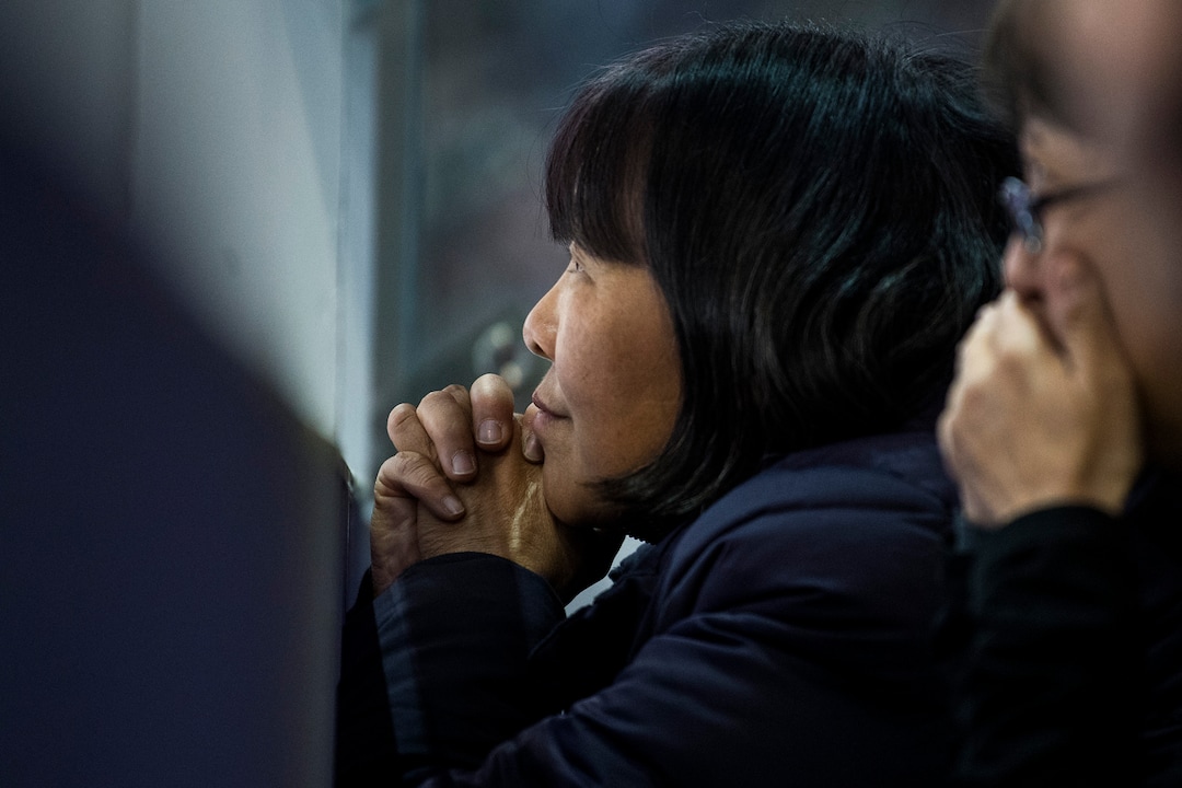 (Chris Detrick  |  The Salt Lake Tribune)  Hetty Wang watches to see if Spain's Javier Fernndez will bump her son Nathan Chen out of medal contention in the Men Single Skating Free Skating at Gangneung Ice Arena during the Pyeongchang 2018 Winter Olympics Saturday, Feb. 17, 2018. Chen landed a record six quadruple jumps, scoring 215.08.