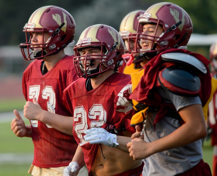 (Steve Griffin | The Salt Lake Tribune) Viewmont High School running back Cameron Brown, center, during practice in Bountiful Wednesday September 6, 2017.