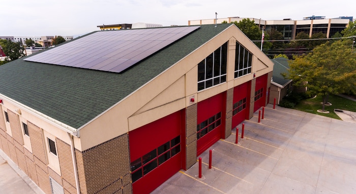 (Courtesy of Salt Lake City) Newly installed solar panels at Fire Station No. 1. Salt Lake City announced solar installations at seven new facilities Thursday.