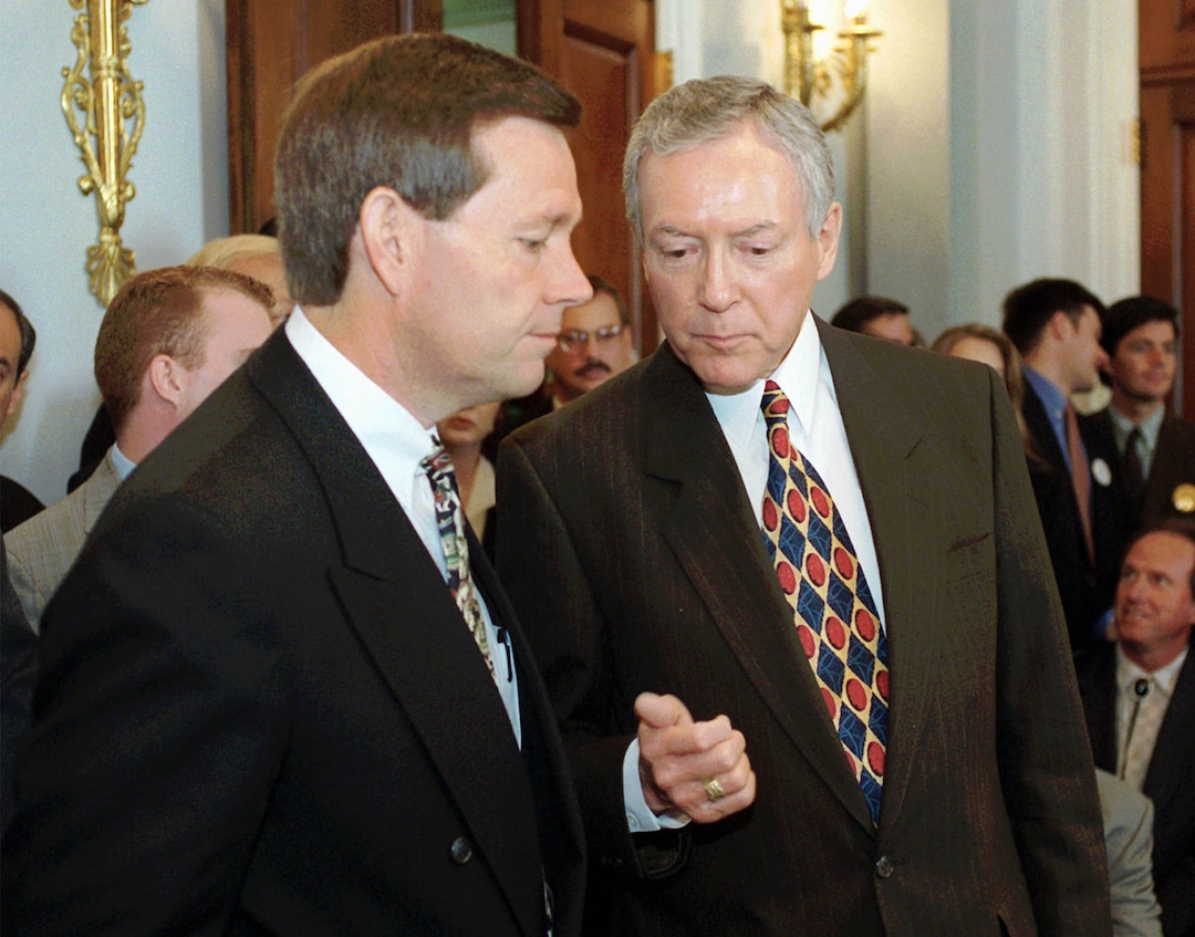(Dennis Cook | AP) Sen. Orrin Hatch, right, talks to Gov. Mike Leavitt on Capitol Hill Tuesday, April 29, 1997, prior to their testifying before a House Resouces Committee hearing on the management of the Grand Staircase National Monument in Utah.