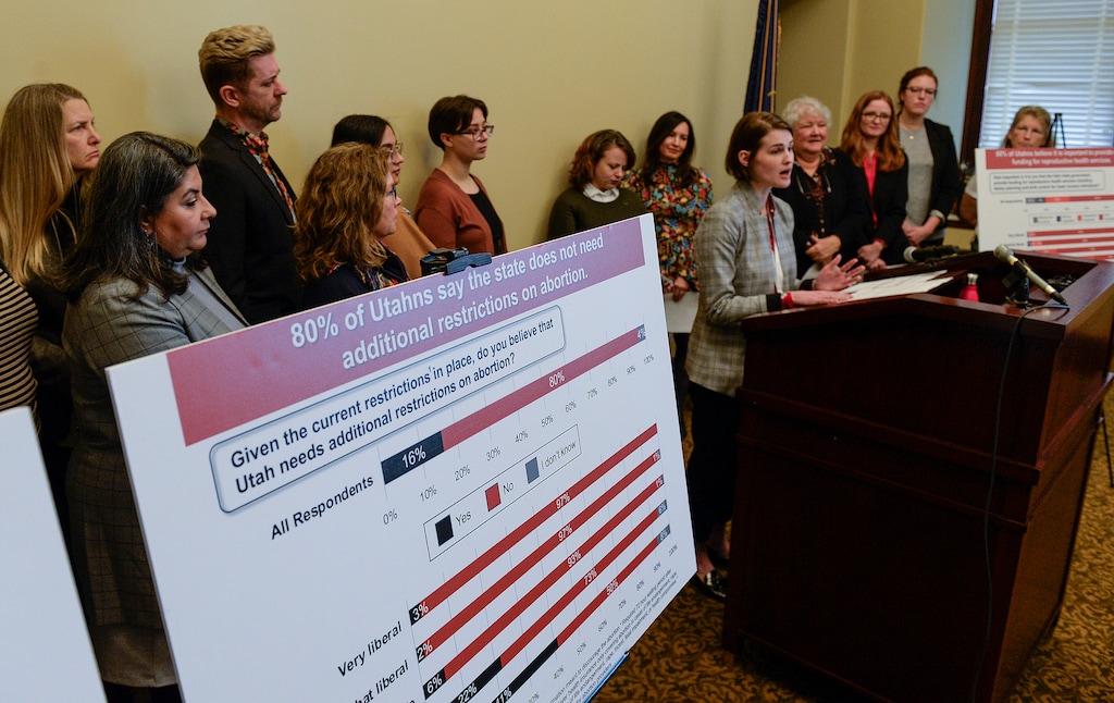 (Leah Hogsten | The Salt Lake Tribune) Lauren Simpson with Alliance for a Better Utah presents the findings of the 2020 Reproductive Rights Poll on Monday at the Capitol. Alliance for a Better Utah, Planned Parenthood of Utah, the ACLU of Utah and Family Planning Elevated released the results of a Utah-specific poll on the issues of sex education, contraceptive access and abortion, Feb. 24, 2020.