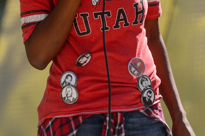(Trent Nelson | The Salt Lake Tribune) Buttons on a speaker at a rally against police brutality at the Public Safety Building in Salt Lake City on Saturday, Aug. 15, 2020.