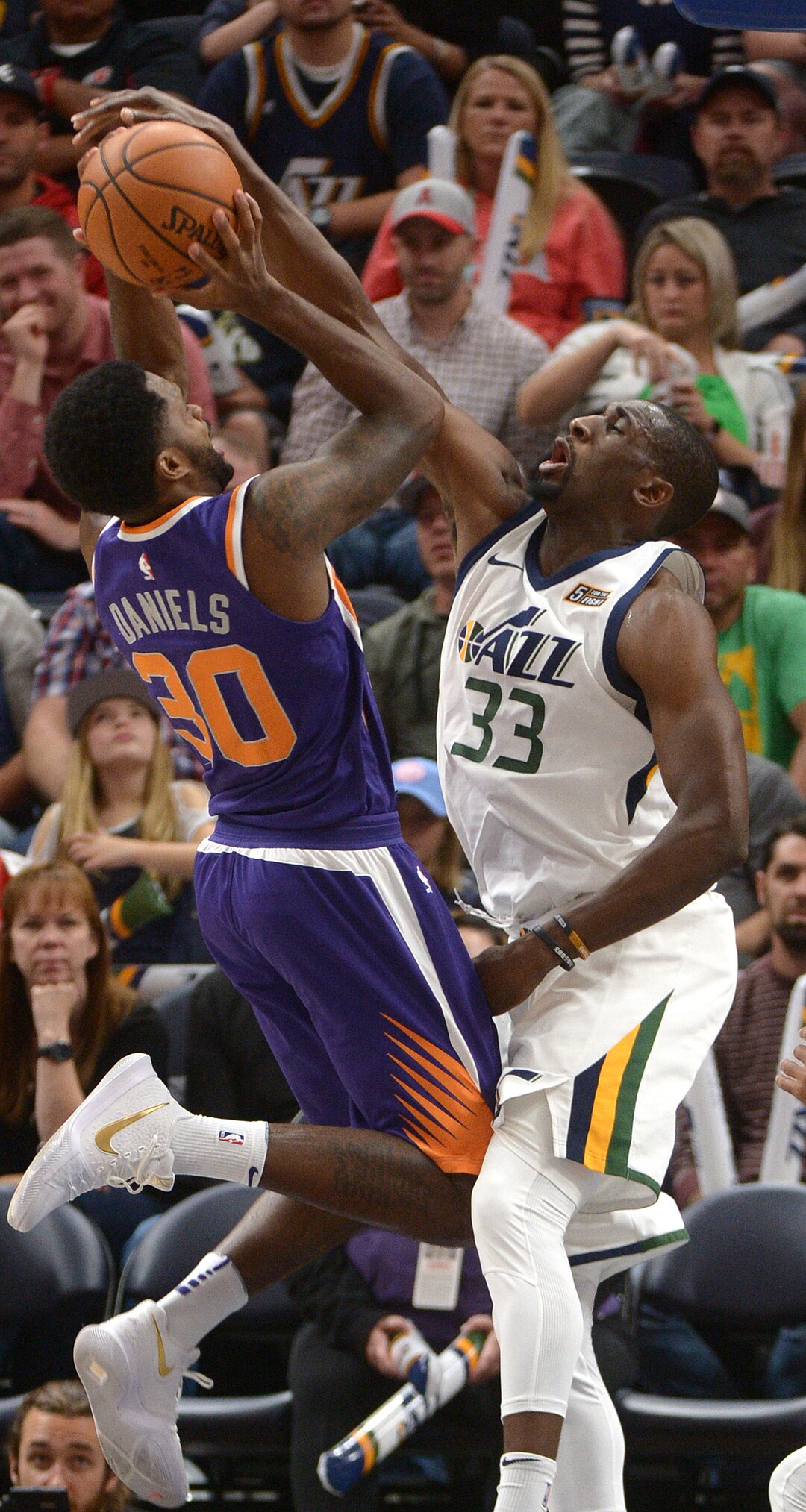 (Leah Hogsten  |  The Salt Lake Tribune) Utah Jazz forward Ekpe Udoh (33) shuts down Phoenix Suns guard Troy Daniels (30). The Utah Jazz defeated the Phoenix Suns 112-101 during preseason NBA basketball at Vivint Smart Home Arena in Salt Lake City, October 6, 2017.