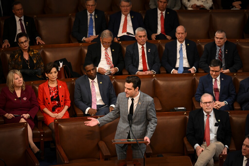 (Kenny Holston | The New York Times) Rep. Matt Gaetz (R-Fla.) delivers remarks as the vote for Speaker of the House continues for a fourth day at the Capitol, in Washington on Friday, Jan. 6, 2023. Rep. Kevin McCarthy (R-Calif.) pressed on Friday for a deal with right-wing holdouts that could deliver him the speakership after days of failed votes on the House floor.
