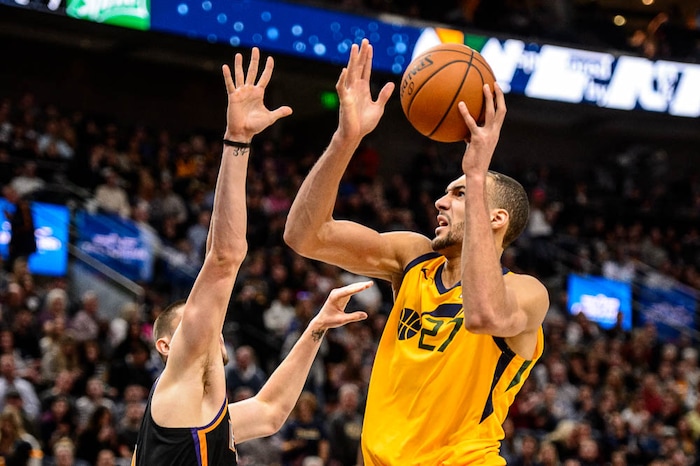 (Trent Nelson | The Salt Lake Tribune)  Utah Jazz center Rudy Gobert (27) shoots over Phoenix Suns center Alex Len (21) as the Utah Jazz host the Phoenix Suns, NBA basketball in Salt Lake City, Wednesday Feb. 14, 2018.