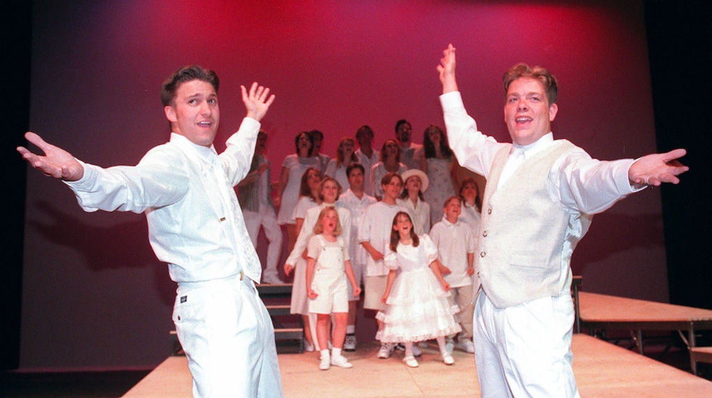 (Al Hartmann | The Salt Lake Tribune) Brain McFadyen, left, as Elder Kessler and  Matthew Lewis as Elder Green go for a spiritual romp in heaven in a production of "Saturday's Warrior."