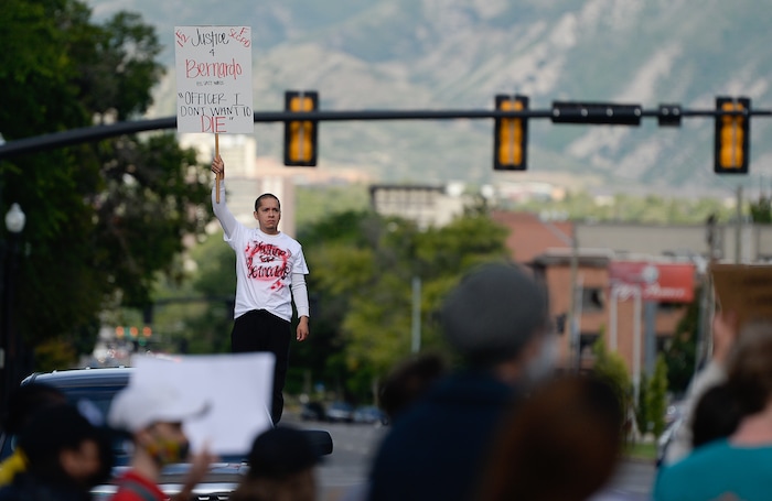 (Francisco Kjolseth  |  The Salt Lake Tribune) Demonstrators gather at the Salt Lake County District Attorney's office for a Justice for Bernardo Palacios Rally, on Thursday, June 18, 2020.