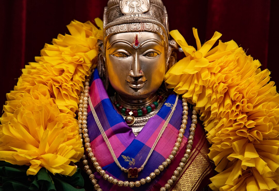 (Francisco Kjolseth  |  The Salt Lake Tribune) Colorful vestige adorns a shrine of Sri Sivakami as Hindus cope with the coronavirus pandemic by limiting visitors to the Sri Ganesha Hindu Temple in South Jordan and broadcast daily ceremonies online.