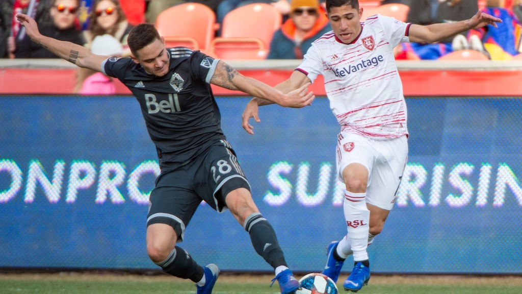 (Rick Egan  |  The Salt Lake Tribune)     Real Salt Lake forward Jefferson Savarino (7) goes for the ball along with Vancouver Whitecaps defender Jake Nerwinski (28) in MLS soccer action at Rio Tinto Stadium in Sandy, Saturday, March 9, 2019.
