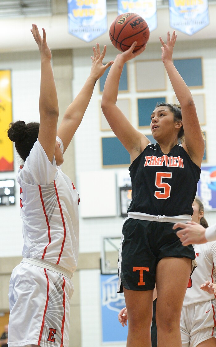 (Leah Hogsten  |  The Salt Lake Tribune) East's Nicole Peterson (05) hits the net.  East faces Timpview in the championship game of the 5A High School Girls' Basketball Tournament at SLCC in Taylorsville, Saturday, Feb. 24, 2018.
