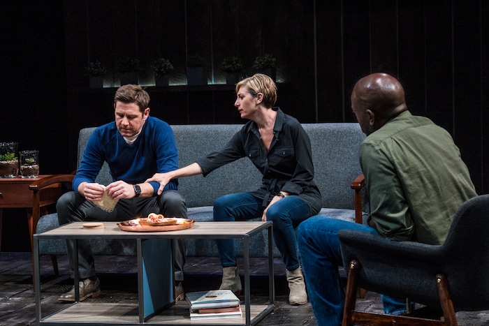 Brad (Brian Vaughn) is comforted by his wife Jodie (Tessa Auberjonois), as they seek help from Tate (Corey Jones) in Utah Shakespeare Festival's world premiere of Neil LaBute's "How to Fight Loneliness." (Courtesy)