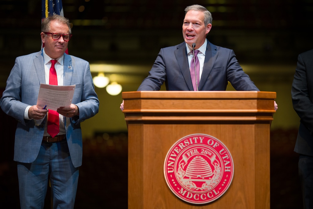 (Trent Nelson | The Salt Lake Tribune) Hinckley Institute director Jason Perry speaks as officials announce that the University of Utah will host a presidential debate in 2024. The news conference was held at Kingsbury Hall in Salt Lake City on Monday, Nov. 20, 2023. Donald Trump and Joe Biden will likely not debate at the U. now, instead opting for two independent debates.