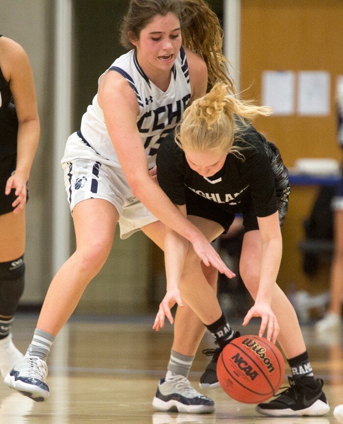 (Rick Egan | The Salt Lake Tribune) Corner Canyon Chargers Kemery Martin (15) guards Highand High Rams Olivia Beckstead (4), in Class 5A women's basketball playoff game between Corner Canyon and Highland, Monday, Feb. 19, 2018.