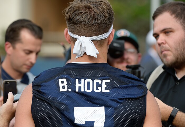 (Francisco Kjolseth  |  The Salt Lake Tribune)  BYU's Beau Hoge speaks with the media following preseason training camp on their practice field on Thursday, Aug. 2, 2018.