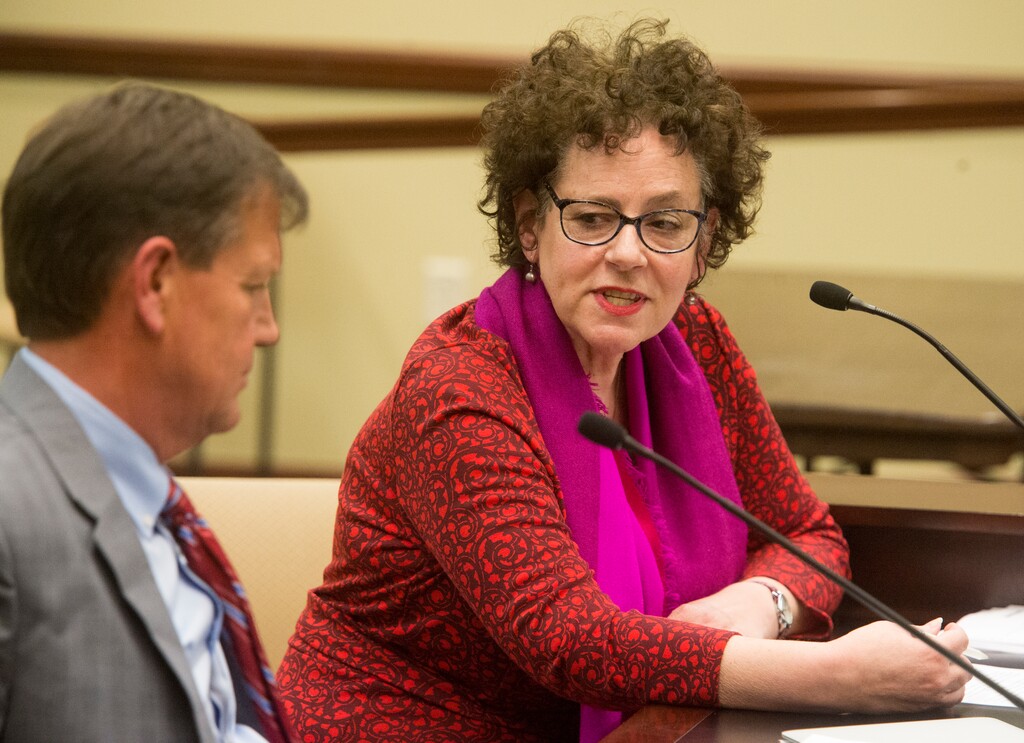 (Rick Egan  |  The Salt Lake Tribune)    
 Heather Bennett, president of the Salt Lake City Board of Education, speaks out against HB 175, the oversight committee creation bill, during the House Government Operations Standing Committee on Feb.1, 2018.