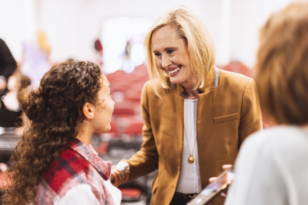 (Southern Virginia University) President Bonnie Cordon greets students on the campus of Southern Virginia University, a small, private liberal arts college "aligned with" but without any formal ties to The Church of Jesus Christ of Latter-day Saints. She is the school's first female president.
