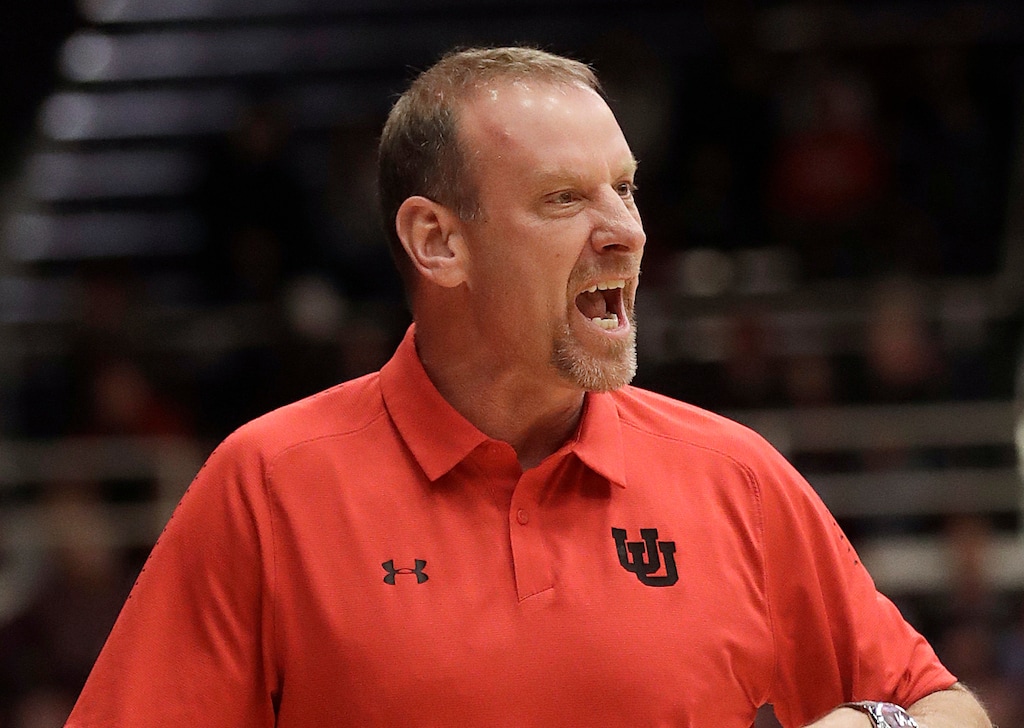 Utah coach Larry Krystkowiak yells during the first half of the team's NCAA college basketball game against Stanford in Stanford, Calif., Thursday, Jan. 24, 2019. (AP Photo/Jeff Chiu)