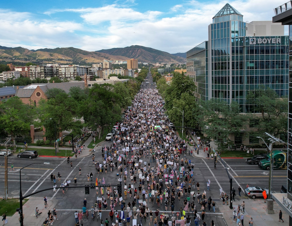 (Francisco Kjolseth | The Salt Lake Tribune) Thousands walk the streets of downtown Salt Lake City for a "No Kings" demonstration on Saturday, June 14, 2025.