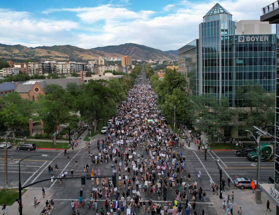(Francisco Kjolseth | The Salt Lake Tribune) Thousands walk the streets of downtown Salt Lake City for a "No Kings" demonstration on Saturday, June 14, 2025.